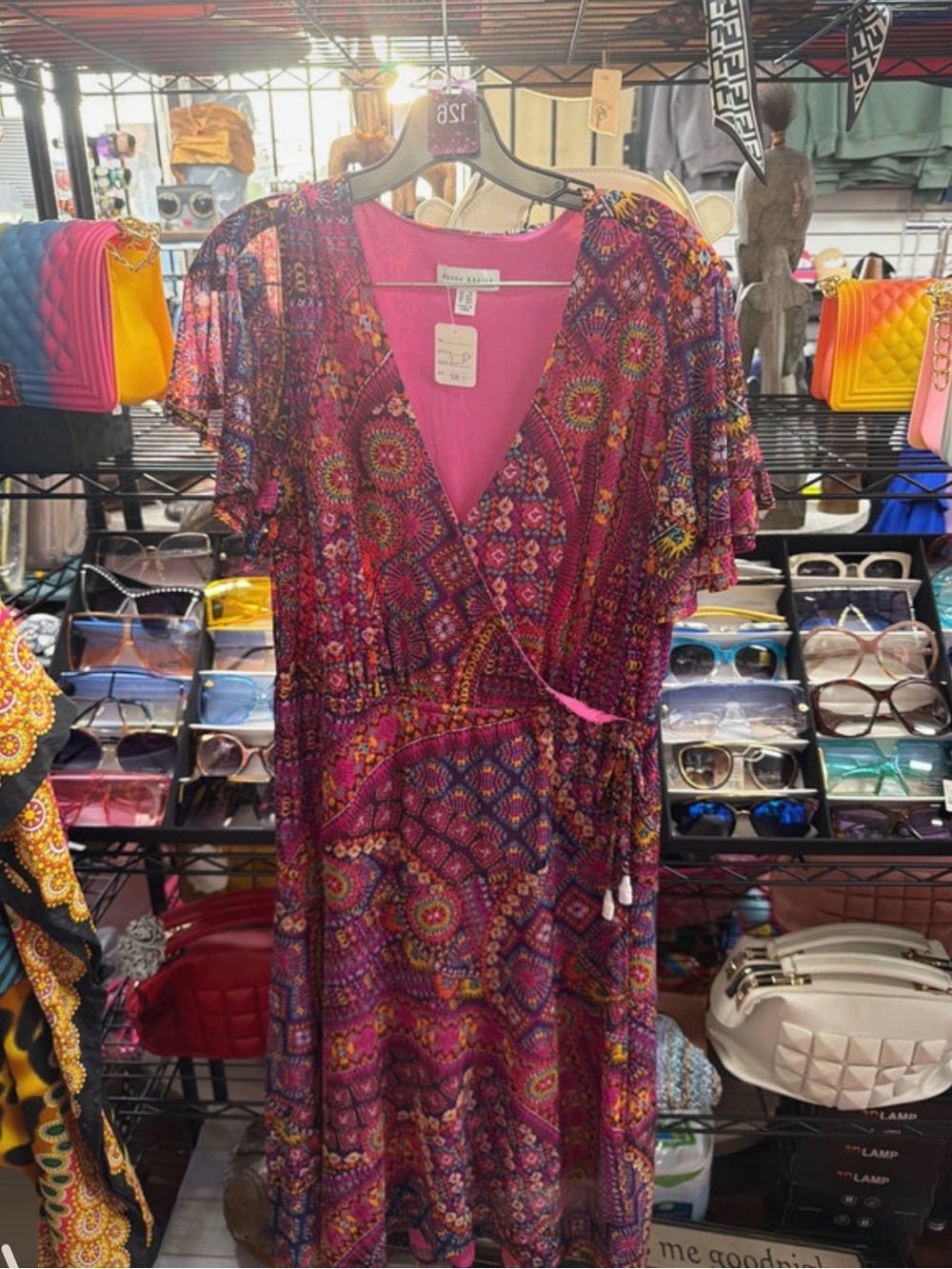 Heart Soul Bright Pink & Multicolor Midi Wrap Dress